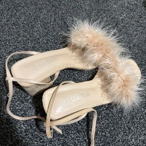 Boohoo Tan Feathered Strap Heels